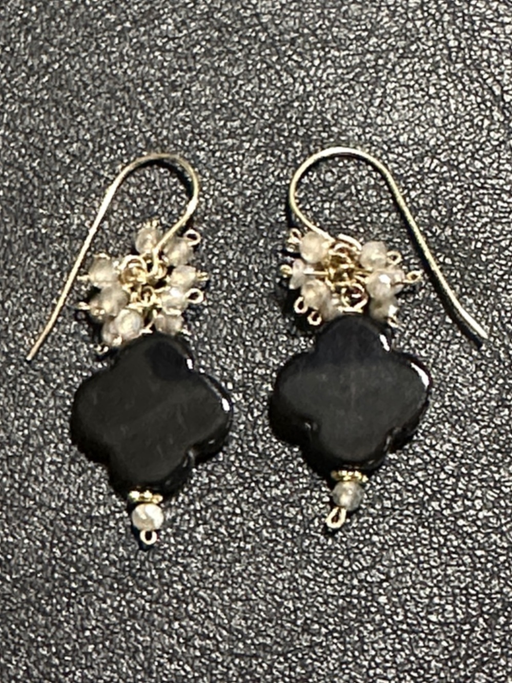 Quatrefoil Black Obsidian Clover AB Faceted Cluster Wire Back Earrings